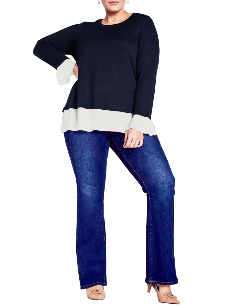 Front of a model wearing a size 20 TOP HACCI CHIFFON TR in Navy / Ivory by avenue. | dia_product_style_image_id:322779